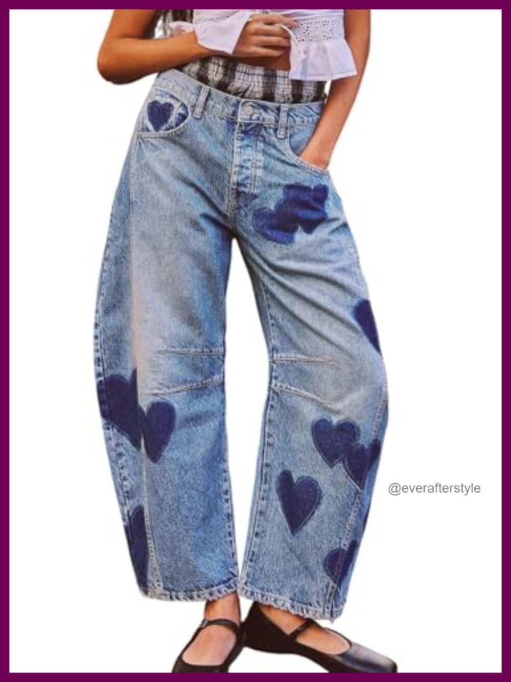 Women's Baggy Mid Rise Barrel Jeans Wide Leg Floral Y2K Denim Pants Boyfriend